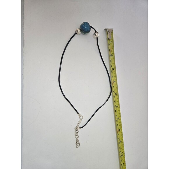 Black Corded Necklace with Peacock Bead Silver Tone Adjustable Length - Picture 5 of 8